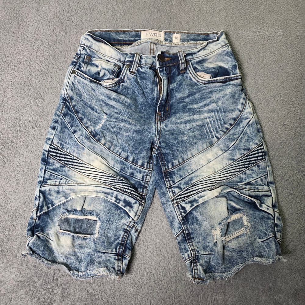 FWRD Boys Size 16 Moto Jean Shorts Acid Wash Blue Distressed Ribbed Streetwear
